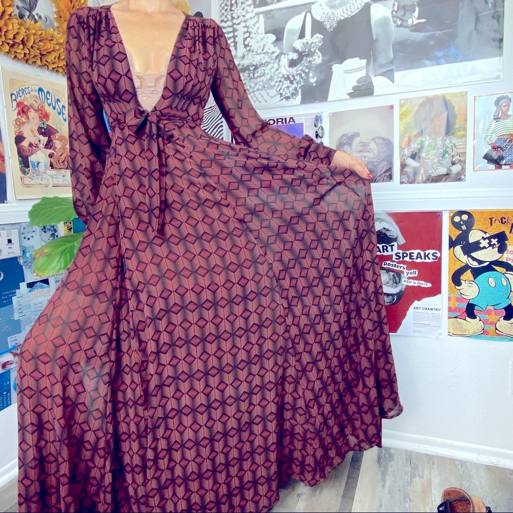 Nasty Gal Geometrical Print Wrap Maxi Dress Black&Brown Size S Long Sleeve